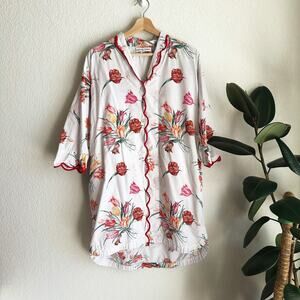 Heidi Carey Womens Floral Sleep Shirt Small Red Button Up 100% Cotton Cottage